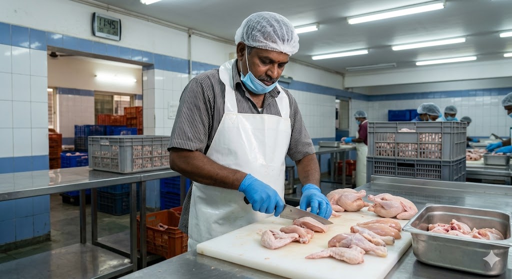 A skilled worker processing poultry in our well-equipped plant.
